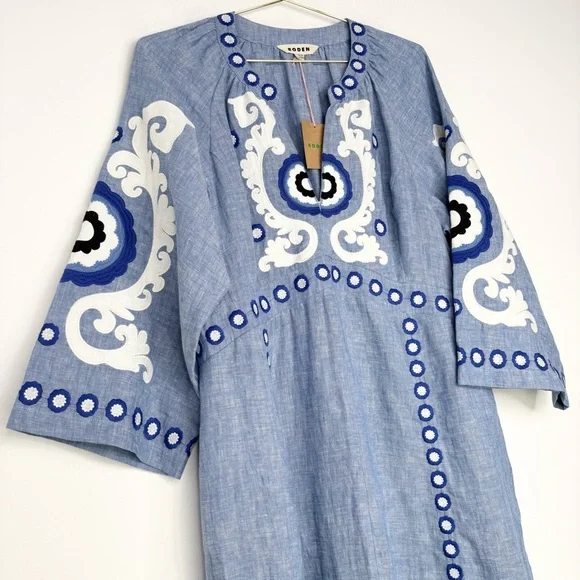 Boden Una Linen Embroidered Dress Chambray Size 14 New